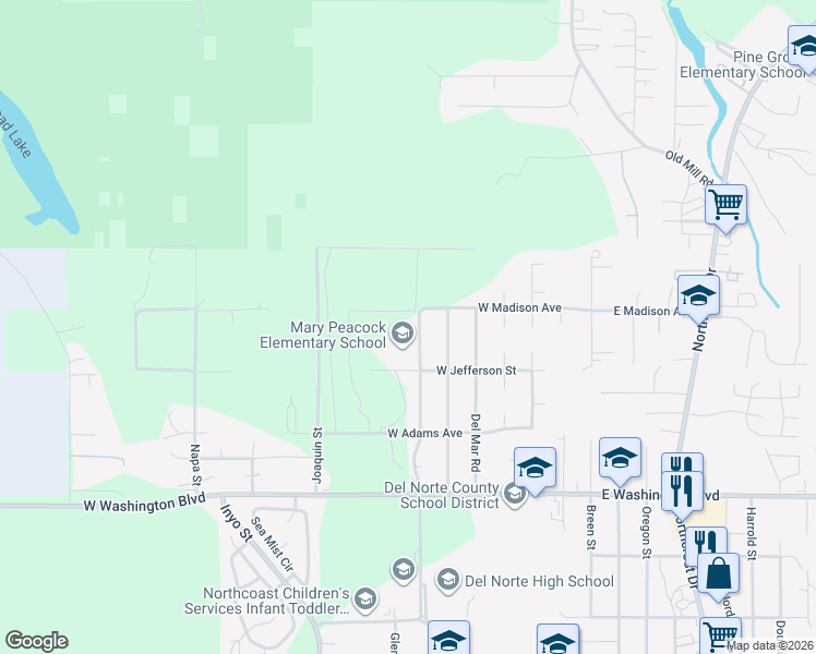 map of restaurants, bars, coffee shops, grocery stores, and more near 690 West Madison Avenue in Crescent City