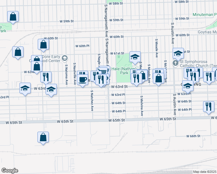 map of restaurants, bars, coffee shops, grocery stores, and more near 6300 South Narragansett Avenue in Chicago