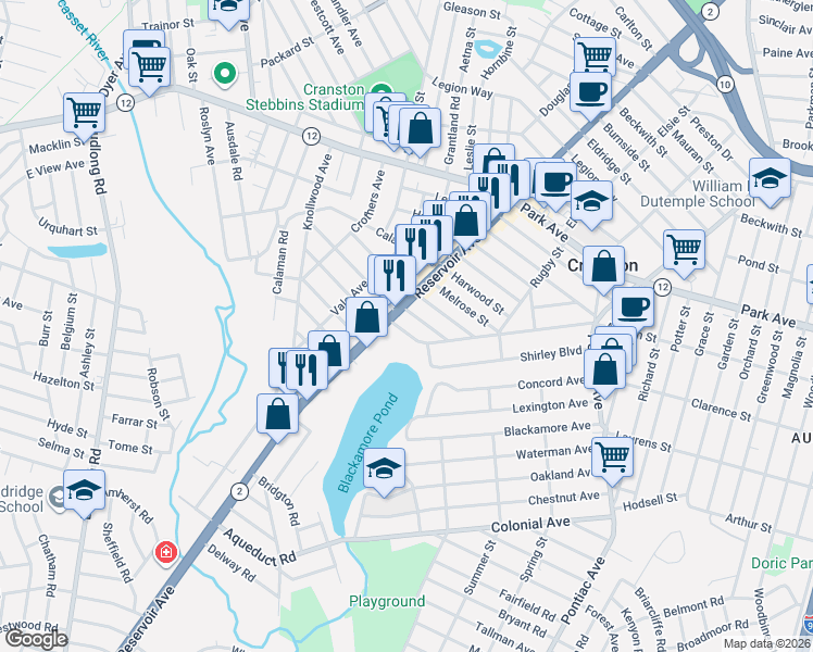 map of restaurants, bars, coffee shops, grocery stores, and more near 65 Hazelwood Street in Cranston
