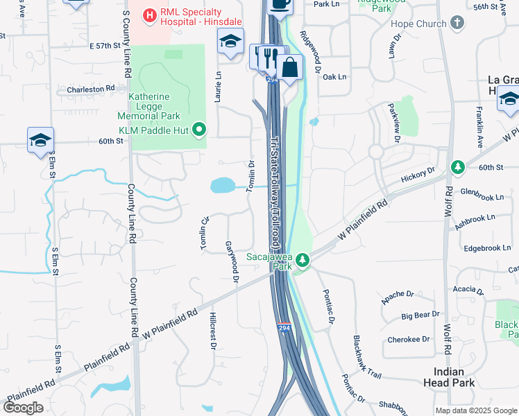 map of restaurants, bars, coffee shops, grocery stores, and more near 1457 Tomlin Drive in Burr Ridge