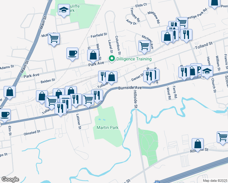 map of restaurants, bars, coffee shops, grocery stores, and more near 393 Burnside Avenue in East Hartford