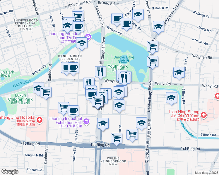 map of restaurants, bars, coffee shops, grocery stores, and more near in Shen Yang Shi