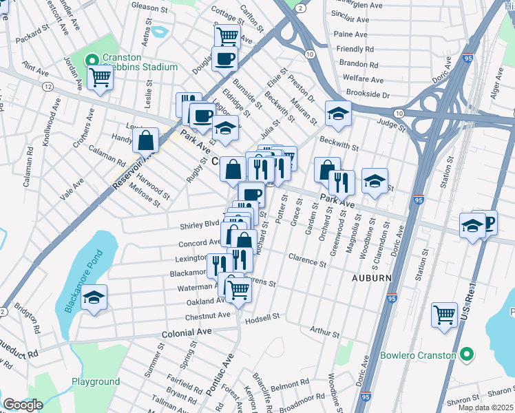 map of restaurants, bars, coffee shops, grocery stores, and more near 25 Rolfe Square in Cranston