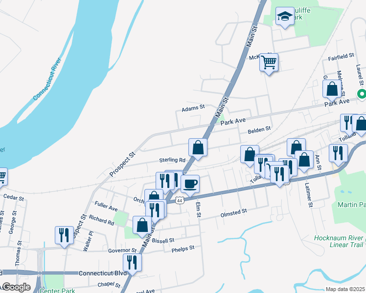 map of restaurants, bars, coffee shops, grocery stores, and more near 24 Stanley Street in East Hartford