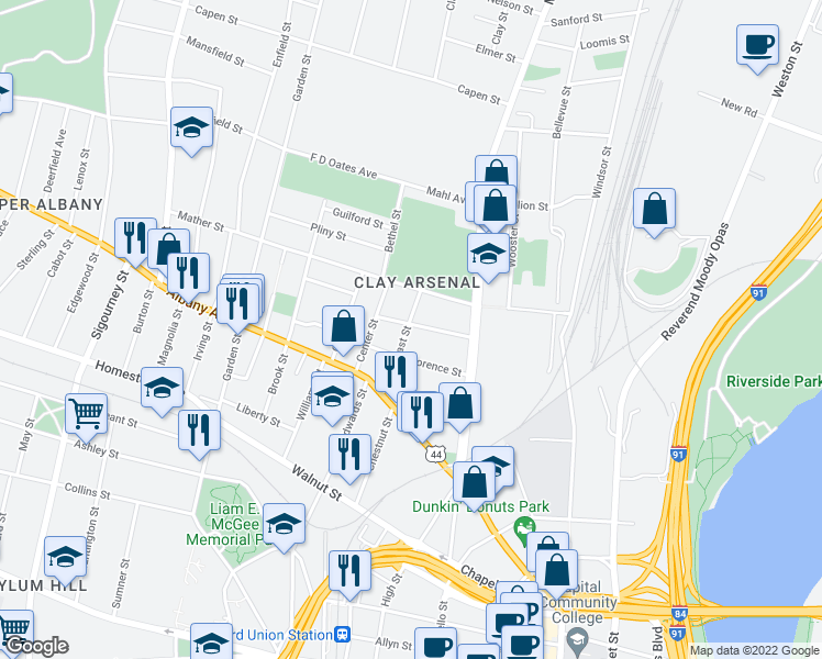 map of restaurants, bars, coffee shops, grocery stores, and more near 72 Seyms Street in Hartford