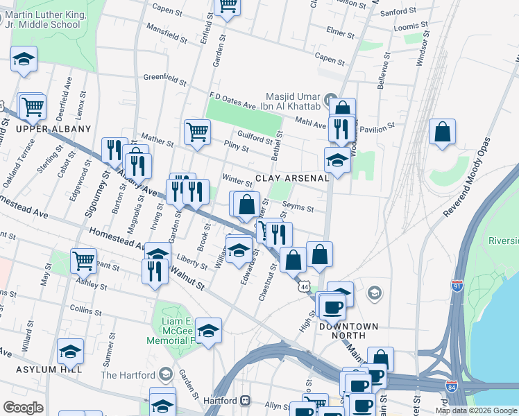 map of restaurants, bars, coffee shops, grocery stores, and more near 48 Green Street in Hartford