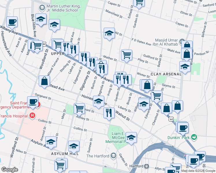 map of restaurants, bars, coffee shops, grocery stores, and more near 605 Albany Avenue in Hartford