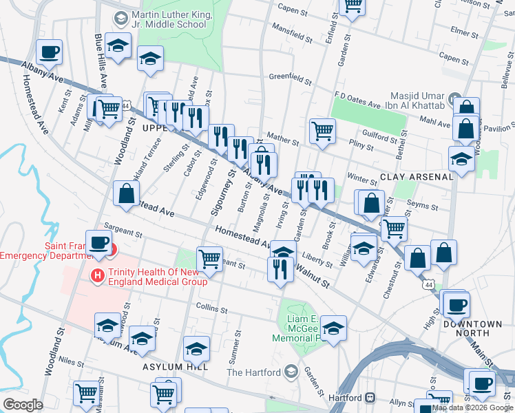 map of restaurants, bars, coffee shops, grocery stores, and more near 51 Magnolia Street in Hartford