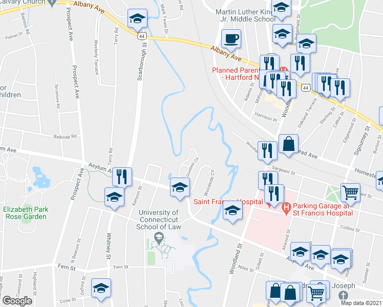 map of restaurants, bars, coffee shops, grocery stores, and more near 53 Goodwin Circle in Hartford