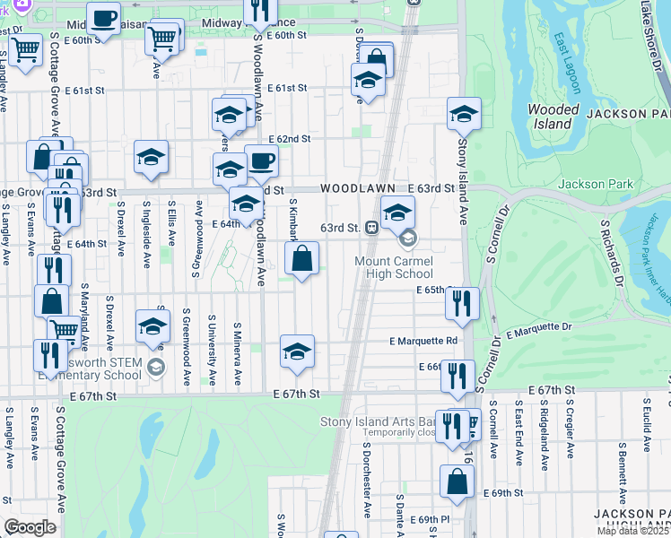 map of restaurants, bars, coffee shops, grocery stores, and more near 6423 South Kenwood Avenue in Chicago