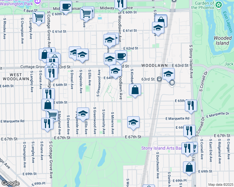 map of restaurants, bars, coffee shops, grocery stores, and more near 6428 South Minerva Avenue in Chicago