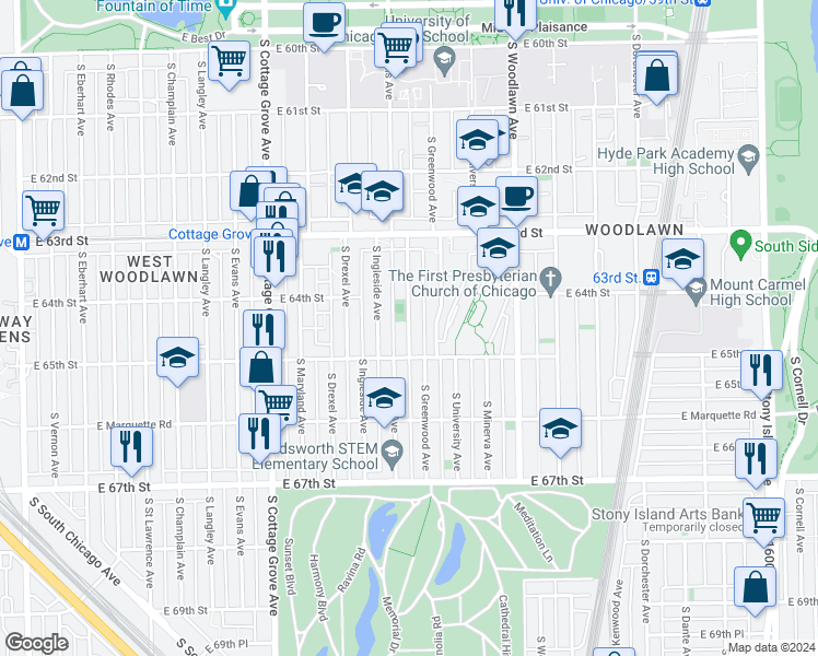 map of restaurants, bars, coffee shops, grocery stores, and more near 6421 South Ellis Avenue in Chicago