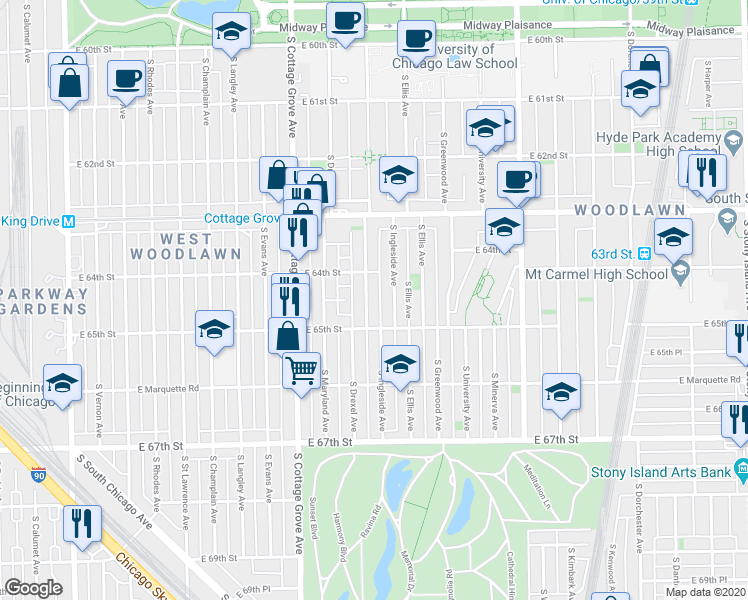 map of restaurants, bars, coffee shops, grocery stores, and more near 6418 South Drexel Avenue in Chicago