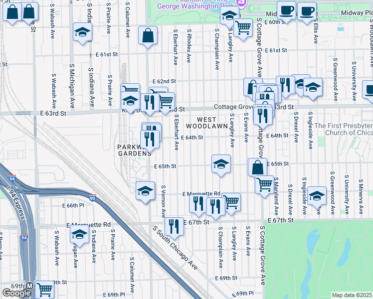 map of restaurants, bars, coffee shops, grocery stores, and more near 6415 South Rhodes Avenue in Chicago