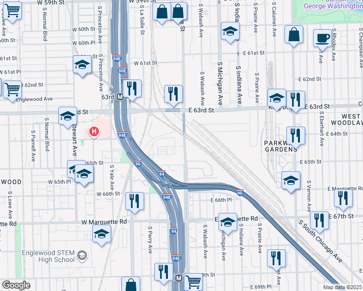 map of restaurants, bars, coffee shops, grocery stores, and more near 16 West 64th Street in Chicago