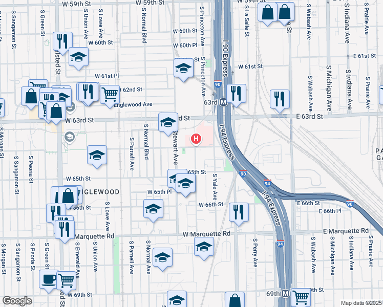 map of restaurants, bars, coffee shops, grocery stores, and more near 6425 South Harvard Avenue in Chicago