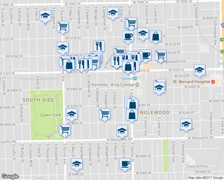map of restaurants, bars, coffee shops, grocery stores, and more near 6357 South Sangamon Street in Chicago