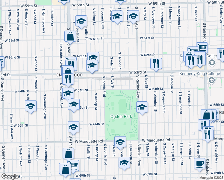 map of restaurants, bars, coffee shops, grocery stores, and more near 1346 West 64th Street in Chicago