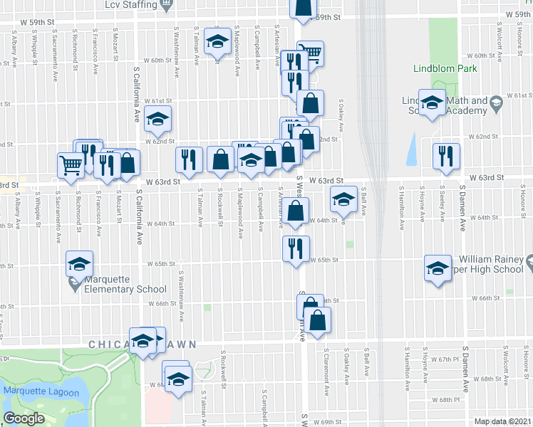 map of restaurants, bars, coffee shops, grocery stores, and more near 6341 South Campbell Avenue in Chicago