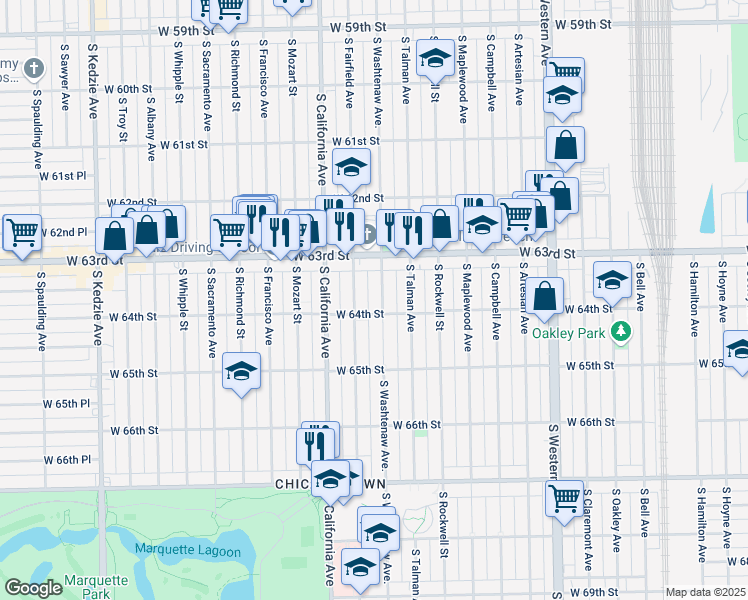 map of restaurants, bars, coffee shops, grocery stores, and more near 6334 South Washtenaw Avenue in Chicago