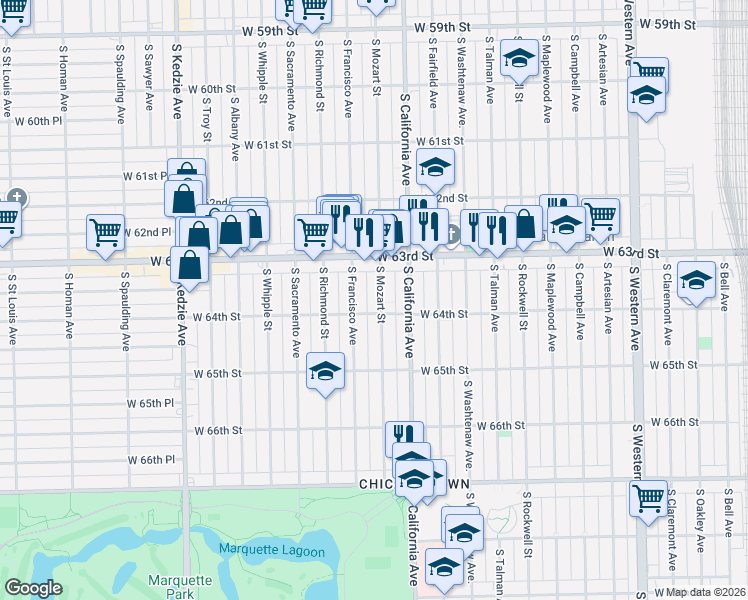 map of restaurants, bars, coffee shops, grocery stores, and more near in Chicago