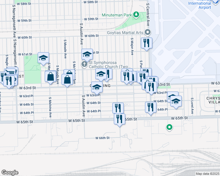 map of restaurants, bars, coffee shops, grocery stores, and more near 5835 West 63rd Street in Chicago