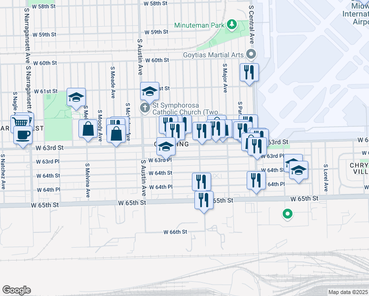map of restaurants, bars, coffee shops, grocery stores, and more near 5835 West 63rd Street in Chicago