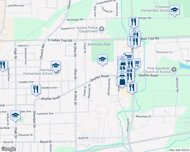 map of restaurants, bars, coffee shops, grocery stores, and more near 1110 Sheffer Road in Aurora