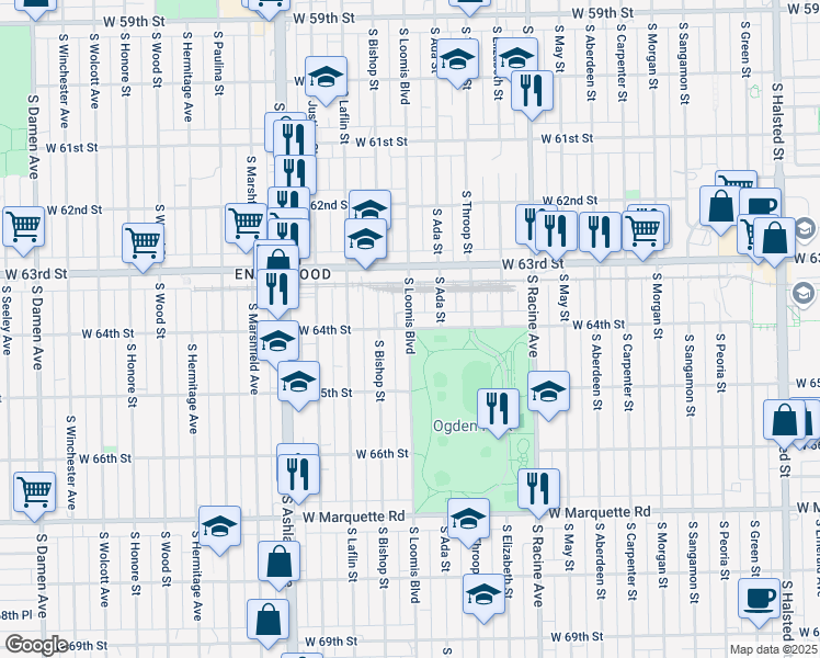 map of restaurants, bars, coffee shops, grocery stores, and more near W 64th St & S Loomis Blvd in Chicago