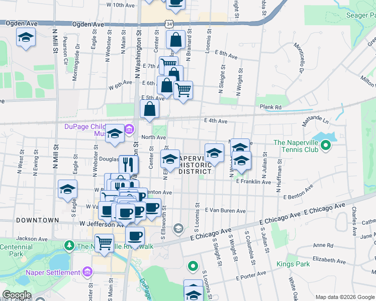 map of restaurants, bars, coffee shops, grocery stores, and more near 309 School Street in Naperville