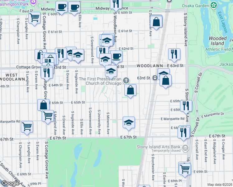 map of restaurants, bars, coffee shops, grocery stores, and more near 6423 South Woodlawn Avenue in Chicago