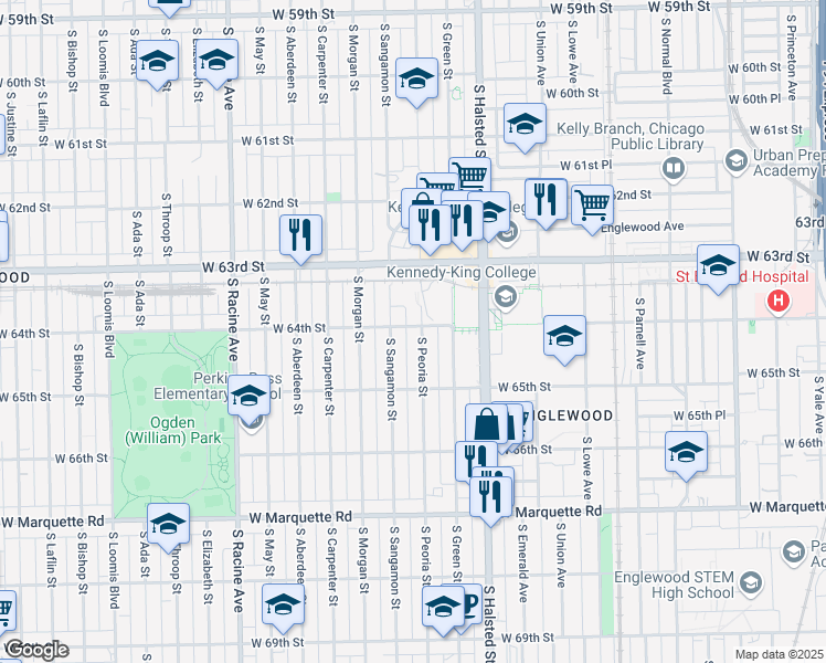 map of restaurants, bars, coffee shops, grocery stores, and more near 6402 South Peoria Street in Chicago