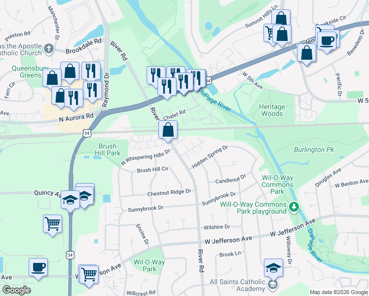 map of restaurants, bars, coffee shops, grocery stores, and more near 1215 Whispering Hills Court in Naperville