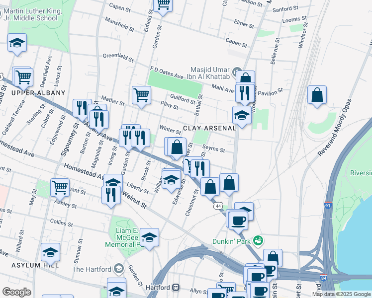 map of restaurants, bars, coffee shops, grocery stores, and more near 48 Green Street in Hartford