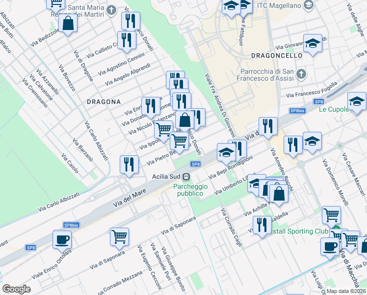 map of restaurants, bars, coffee shops, grocery stores, and more near 57-61 Via Pietro Benedetti in Acilia-castel Fusano-ostia Antica