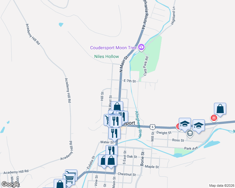 map of restaurants, bars, coffee shops, grocery stores, and more near 501-599 North Main Street in Coudersport
