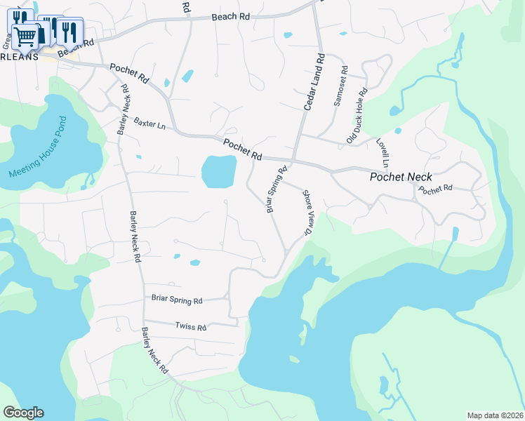 map of restaurants, bars, coffee shops, grocery stores, and more near 27 Uncle Harveys Way in Orleans