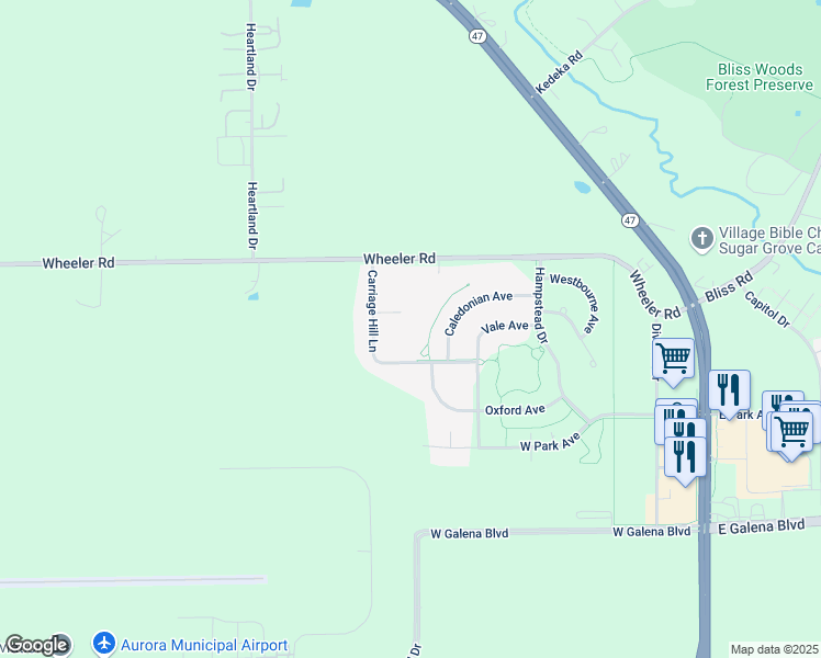 map of restaurants, bars, coffee shops, grocery stores, and more near 324 Carriage Hill Court in Sugar Grove