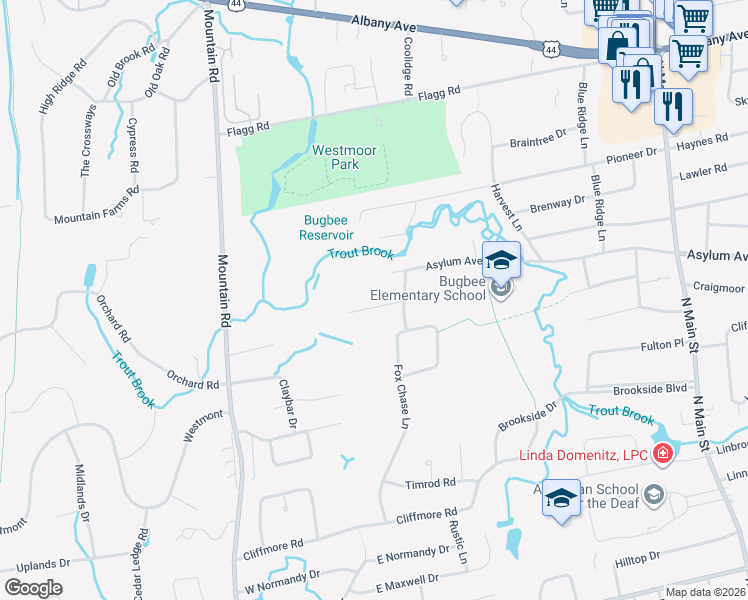 map of restaurants, bars, coffee shops, grocery stores, and more near 34 Ranger Lane in West Hartford