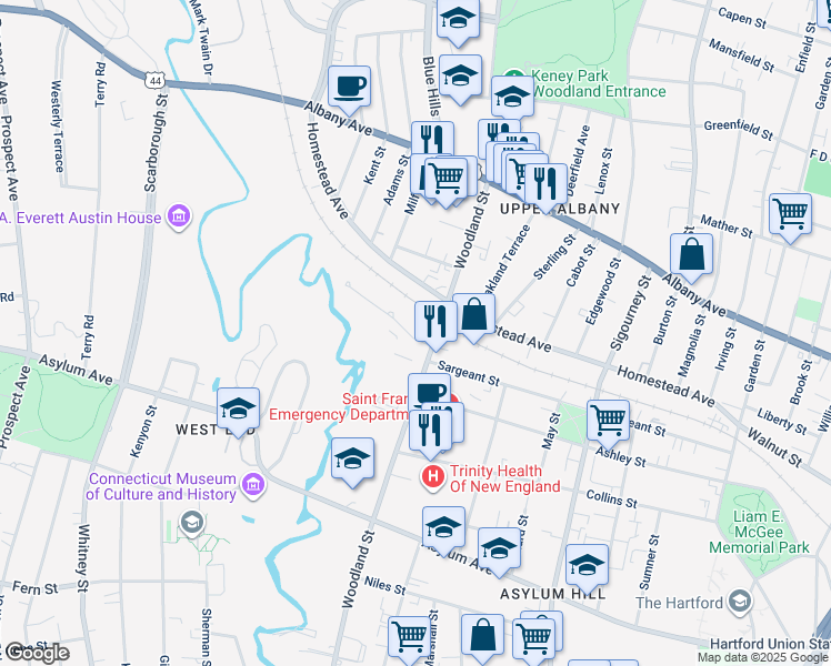 map of restaurants, bars, coffee shops, grocery stores, and more near 38 Woodland Drive in Hartford