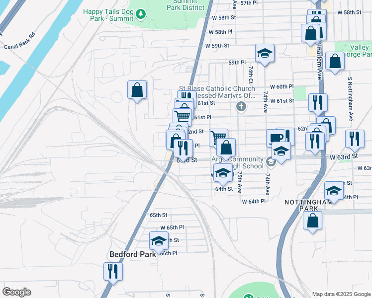map of restaurants, bars, coffee shops, grocery stores, and more near 7653 62nd Place in Summit