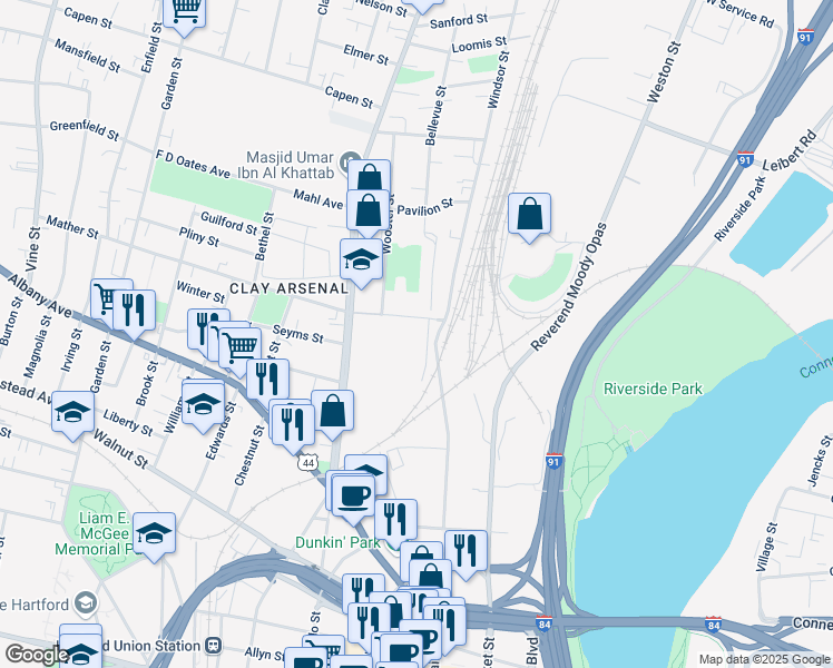 map of restaurants, bars, coffee shops, grocery stores, and more near 55 Donald Street in Hartford