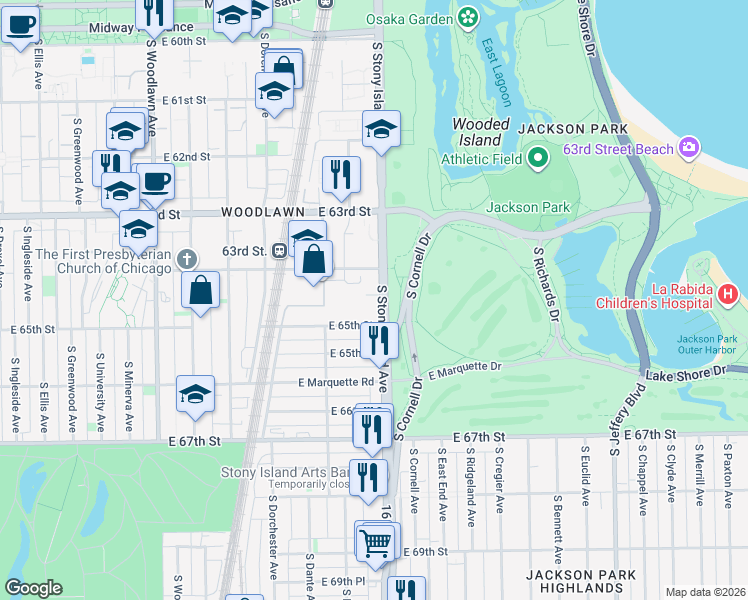 map of restaurants, bars, coffee shops, grocery stores, and more near 6430 South Stony Island Avenue in Chicago
