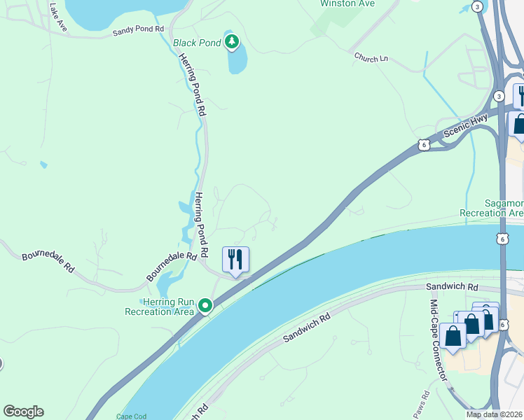 map of restaurants, bars, coffee shops, grocery stores, and more near 4 Hemlock Road in Bourne
