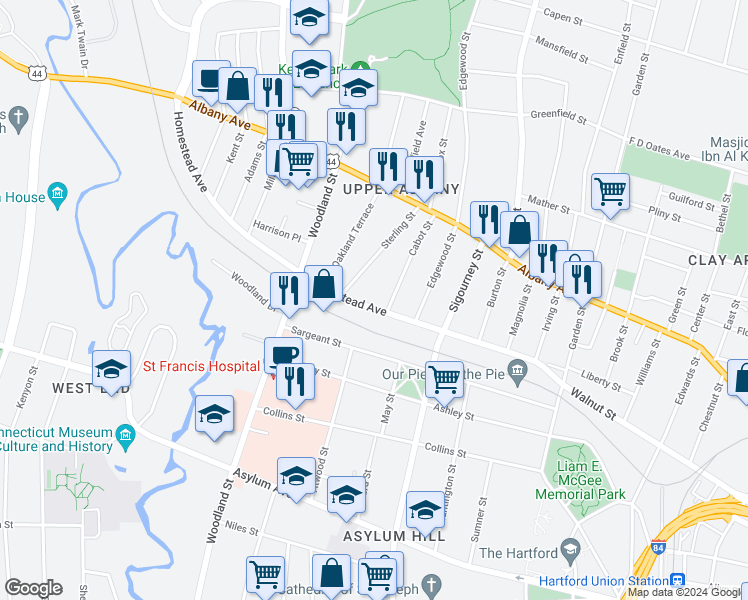 map of restaurants, bars, coffee shops, grocery stores, and more near 188 Homestead Avenue in Hartford
