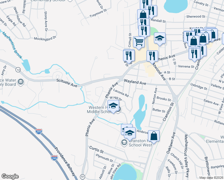 map of restaurants, bars, coffee shops, grocery stores, and more near 5 Laconia Road in Cranston