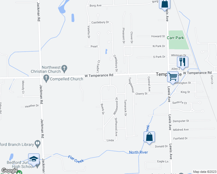 map of restaurants, bars, coffee shops, grocery stores, and more near Redwood Court in Temperance