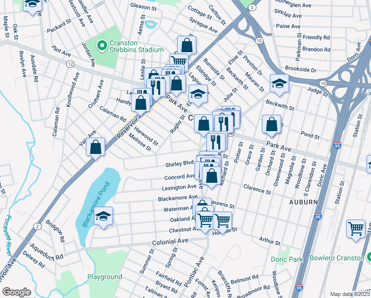 map of restaurants, bars, coffee shops, grocery stores, and more near 293 Auburn Street in Cranston