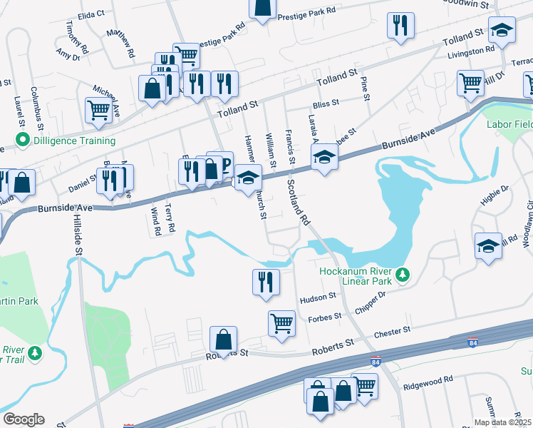 map of restaurants, bars, coffee shops, grocery stores, and more near 32 Church Street in East Hartford