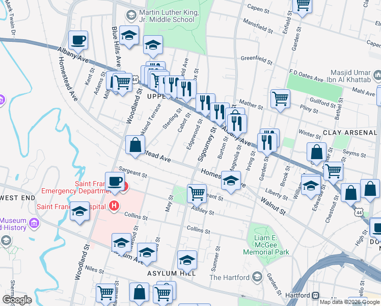 map of restaurants, bars, coffee shops, grocery stores, and more near 365 Sigourney Street in Hartford